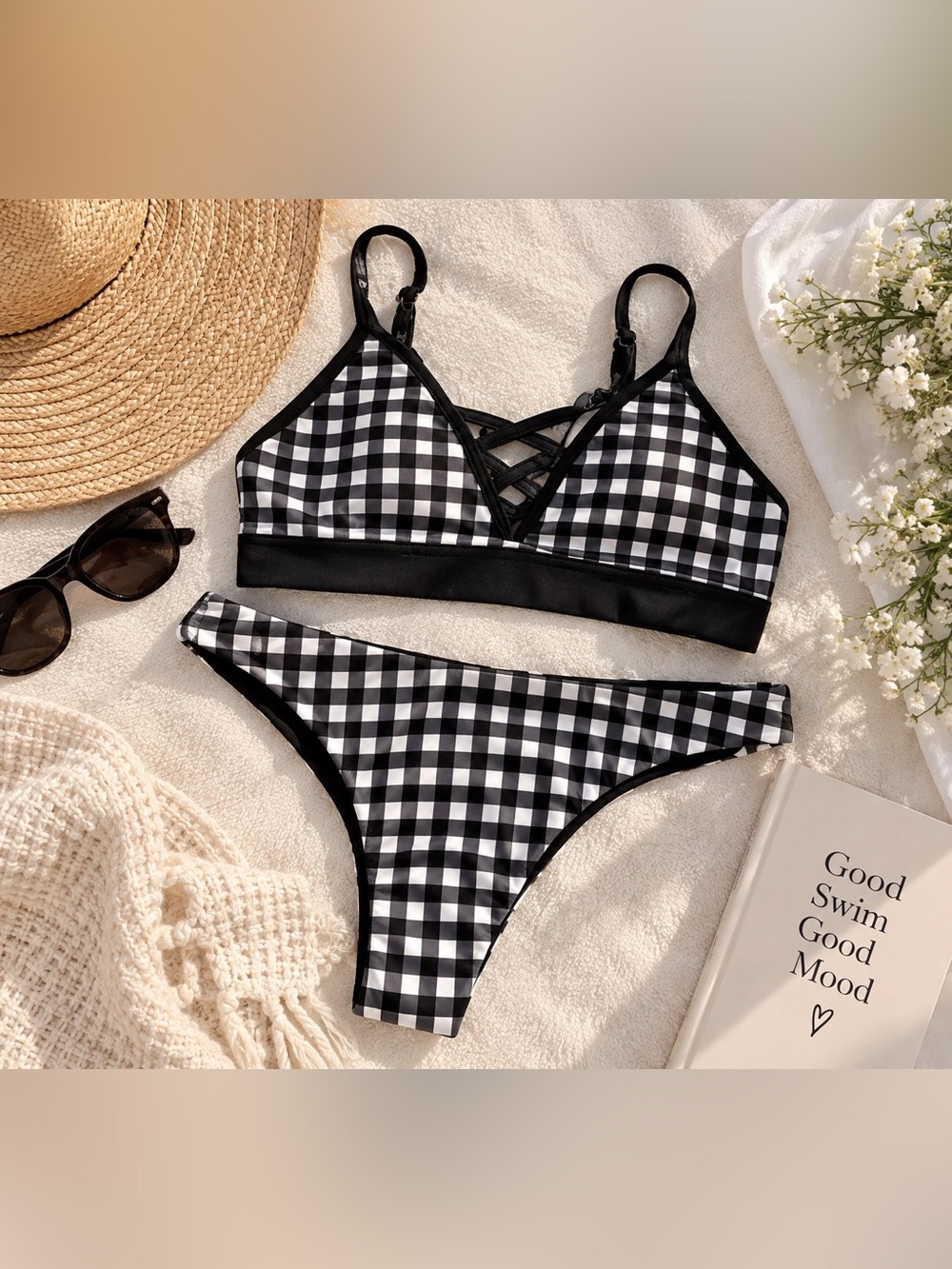 Salty Honey Black & White Gingham Strappy Bikini Set Size Small